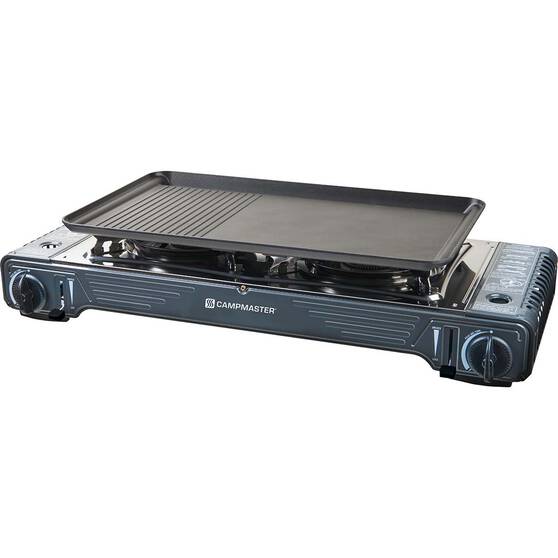 Campmaster Double Burner Butane Stove with Hotplate, , bcf_hi-res
