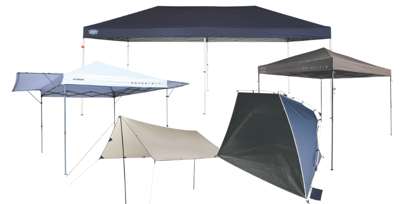 Gazebo and beach shade set up near the water