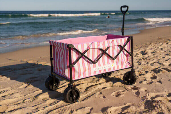Beach cart loaded with gear on the sand