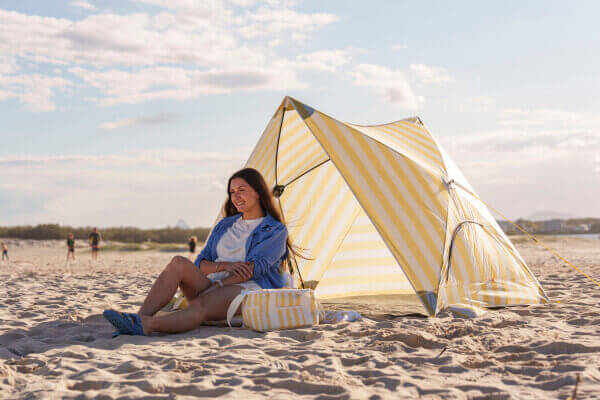 Beach tent set up on the sand