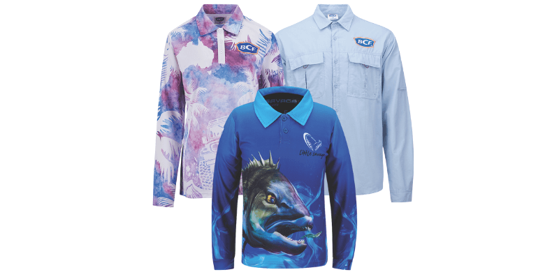 Range of Savage Gear and BCF fishing shirts hanging on display