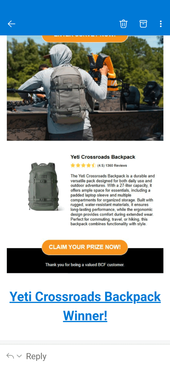 Scam Email YETI Claim your Prize