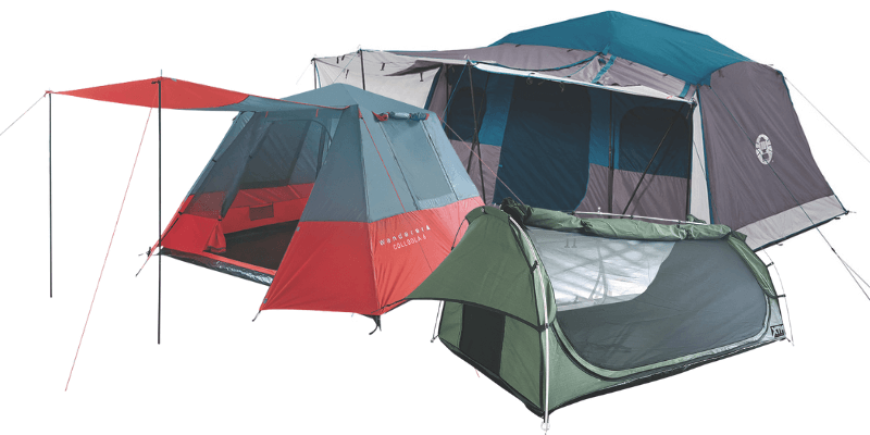 Campsite set up with tents and swags in the bush